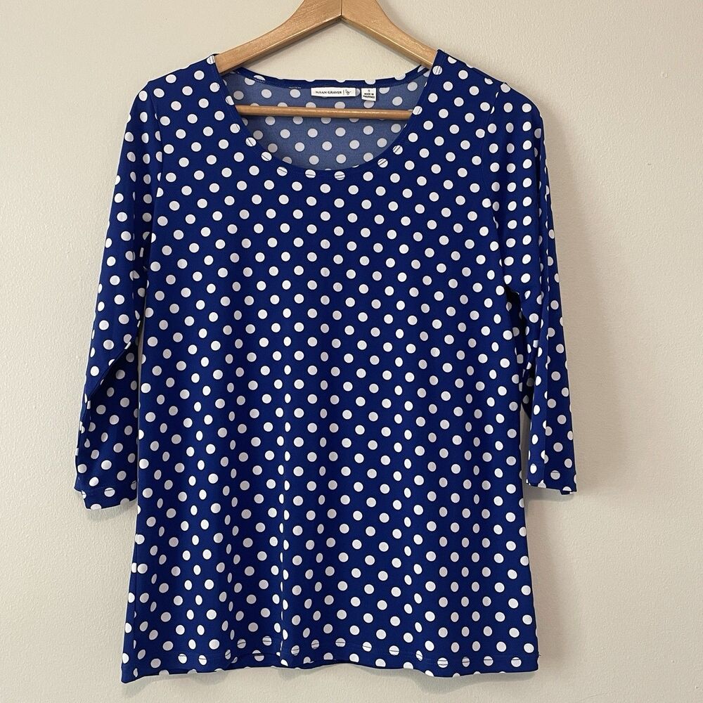 Susan Graver S Liquid Knit Top Cobalt Blue Polka Dot Stretch Office Travel